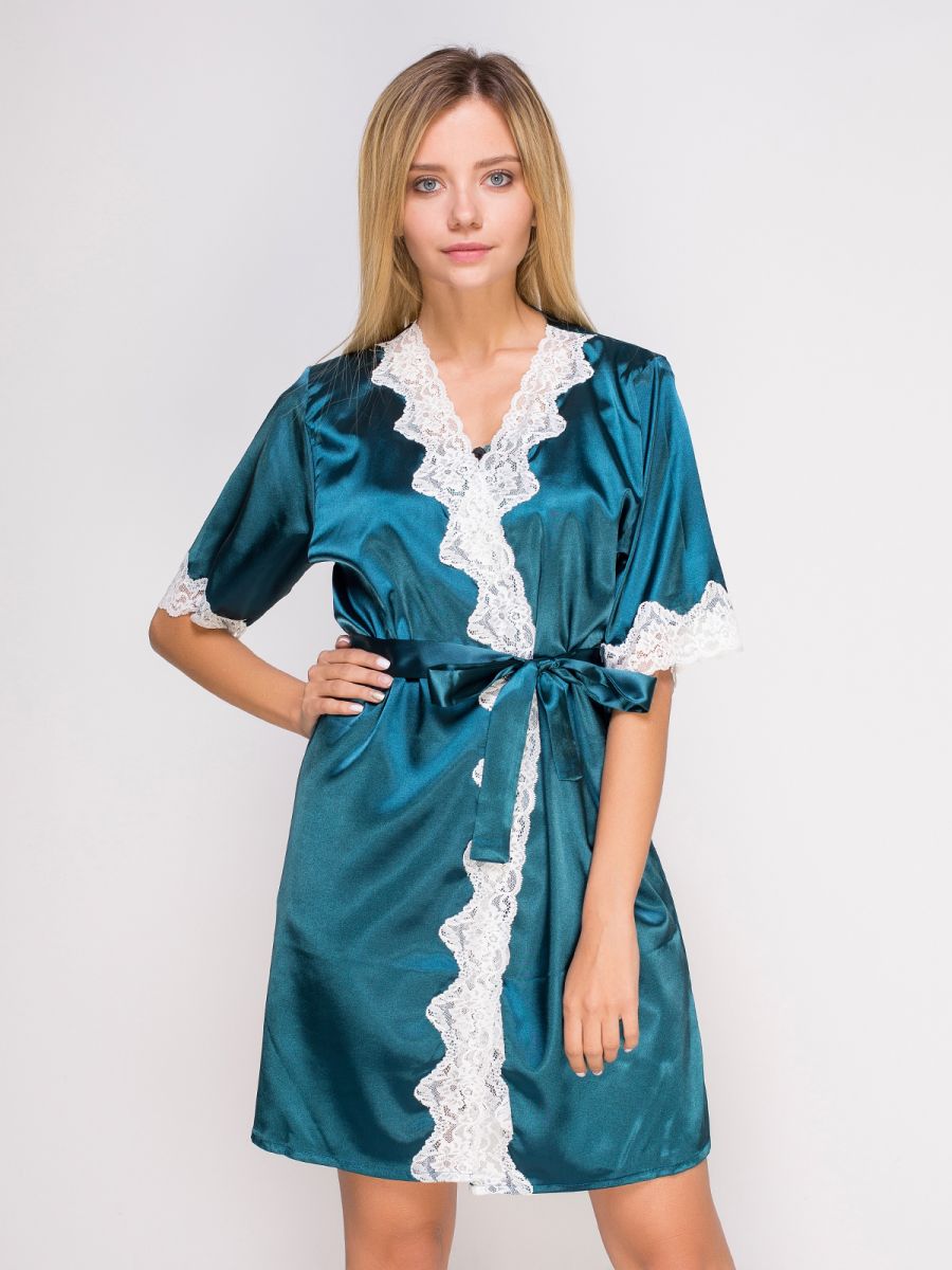 Жіночий атласний халат, cмарагдовий, модель 2128